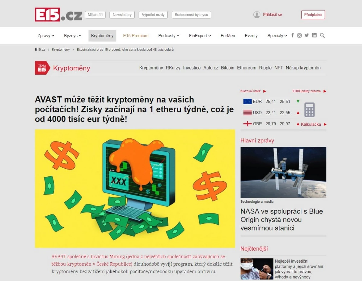 Klamavá reklama láká na investici do Avastu a zneužívá k tomu i web e15.cz