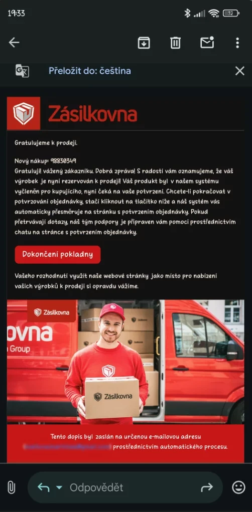 Podvodná zpráva od falešné Zásilkovny Podvodná zpráva od falešné Zásilkovny