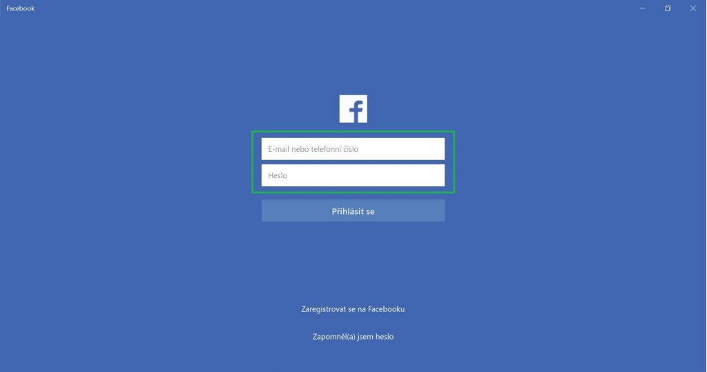 Windows - Facebook aplikace - přihlášení