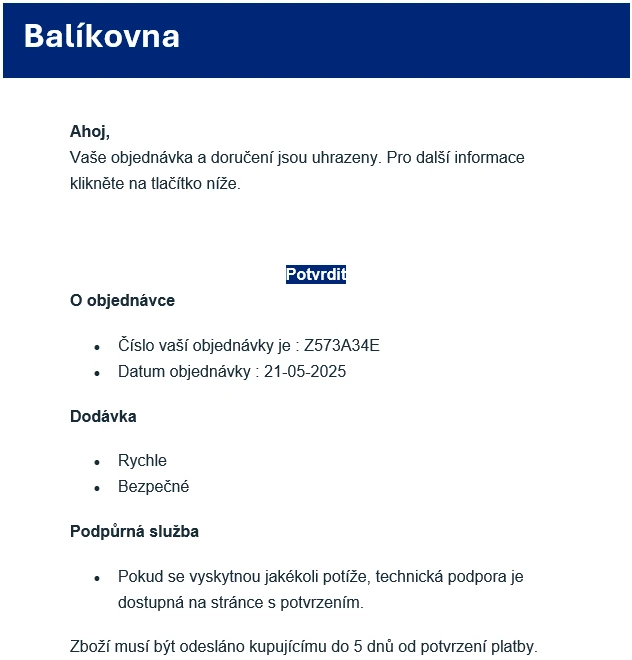 E-mail od falešné Balíkovny s potvrzením