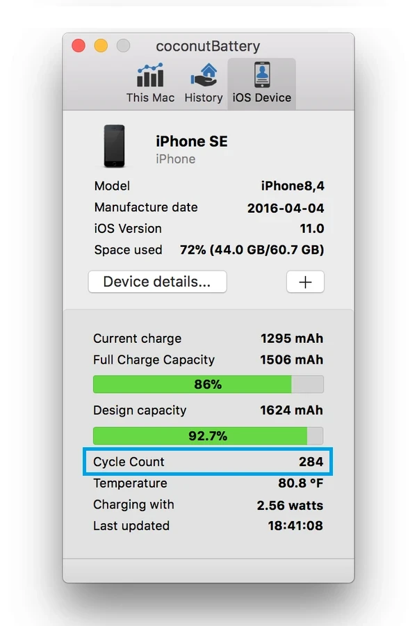 Kondice baterie iPhone - coconutbattery