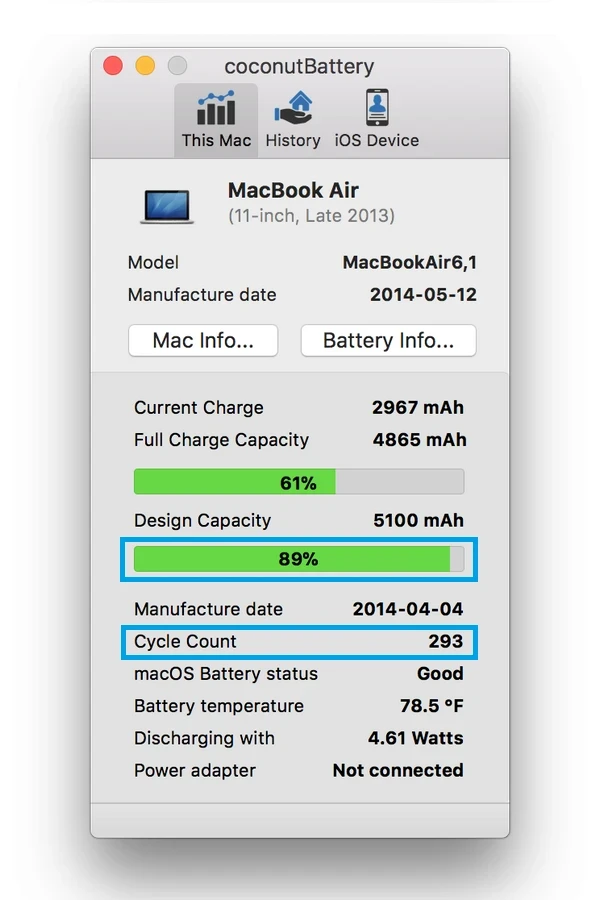 Kondice baterie iPhone - coconutbattery