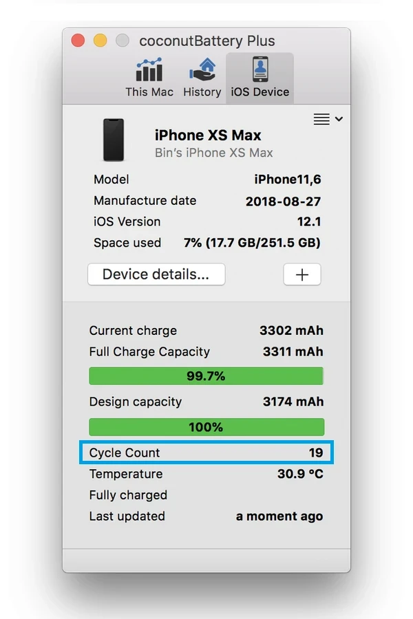 Kondice baterie iPhone - coconutbattery
