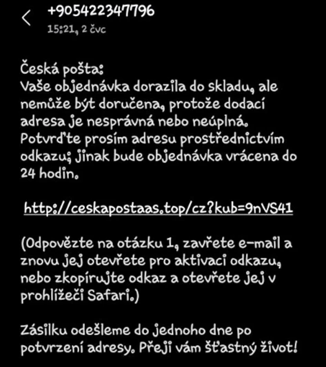 Podvodná zpráva od údajné České pošty